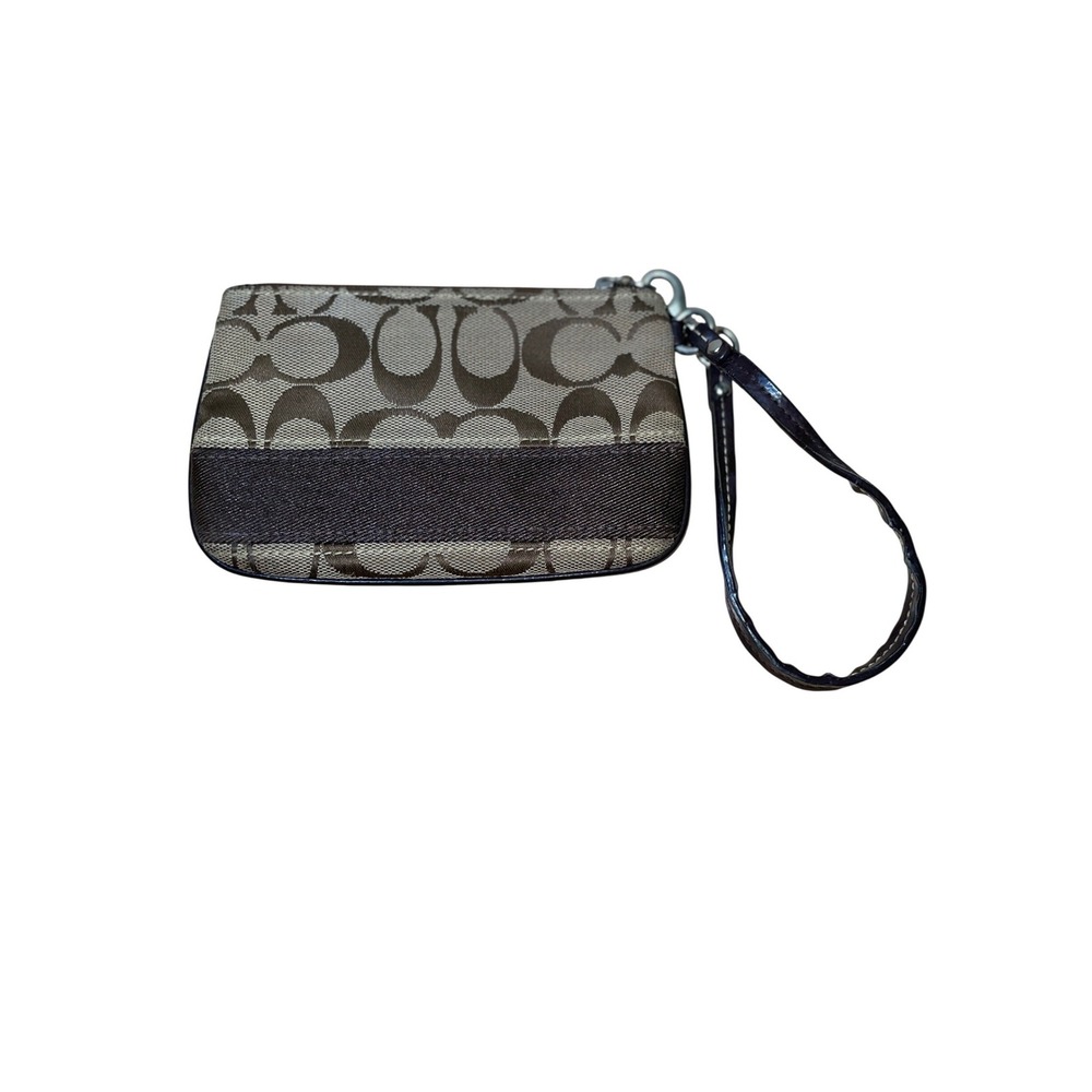 Coach Signature Monogram Canvas Wristlet Brown Tan Small Zip Clutch Bag
